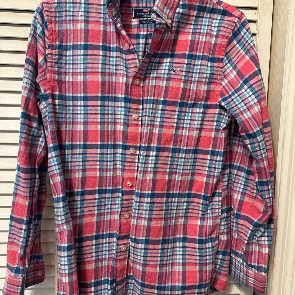 Vineyard Vines Men's Red and Blue Plaid Shirt